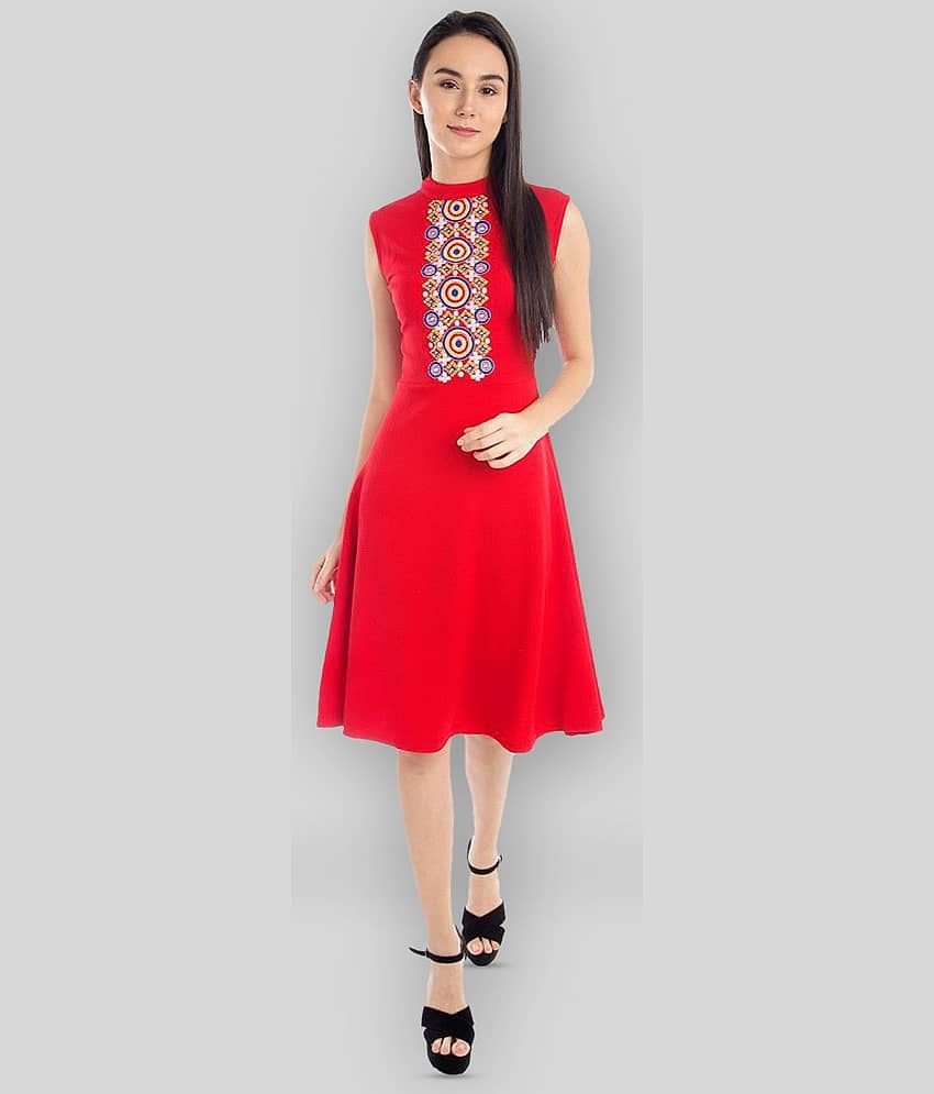 Addyvero Women Cotton Blend Embroidered A-line Dress ( Red )