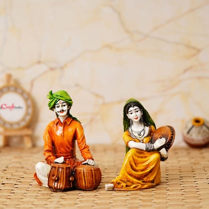 Colorful Combo of Rajasthani Craftsmen and Lady Playing a Musical Instrument Statue