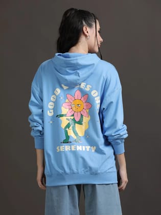 Women Oversized Hoodie Pure Cotton, Blue-XS