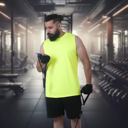Men's Gym Sleeveless T-Shirt Neon Yellow - Drifit, Quick Dry Sports Tank Top, Sando Vest