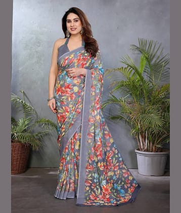 TTH Georgette Printed Regular Saree With Unstitched Blouse Piece ( Grey )