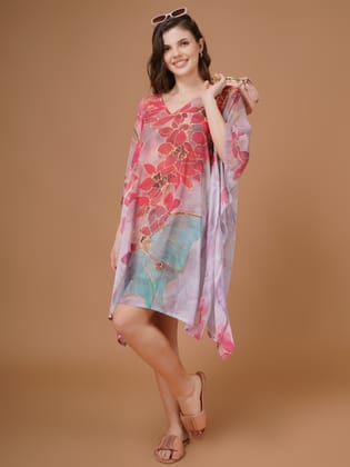 Floral Digital Printed Feather Georgette Fabric Kaftan Midi Dress-Free Size / Multi