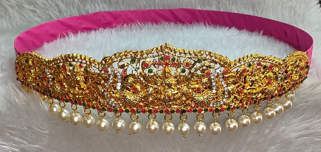 Traditional Indian Gold Plated Laxmi Devi Temple Kempu Stone Belt for Women