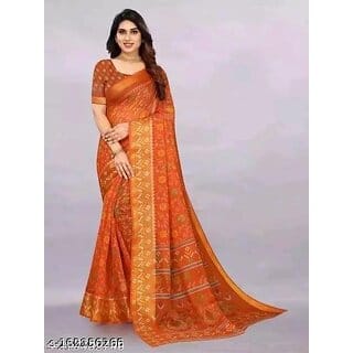 Orange Colour Cotton Printed Saree With Blouse Piece