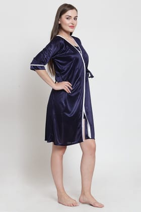 Navy Blue Color Solid Printed  Satin Nightyrobe For Women-m