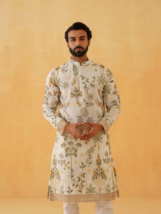 Men's Georgette Persian Embroidered Cream & Multi Long Kurta-36