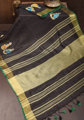 Golu Dolls Embroidery Saree in Black on Pure Linen by Linen | Shobitam saree
