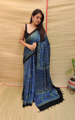Ajrakh Pure Hand Made Modal Silk Saree Fancy Ajrakh Pallu