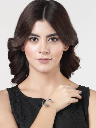 NVR Women Oxidised Rhodium-Plated Evil Eye Kada Bracelet-Onesize / Silver / Stainless Steel