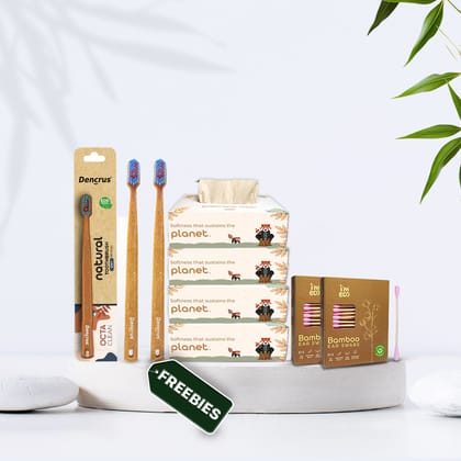 Bamboo Facial Tissues & Cotton Ear Swabs Combo (Pack of 2) with 2 Free Octa Clean Toothbrushes – Personal Care Combo