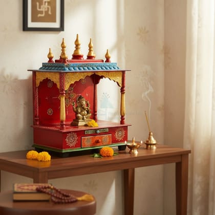 Wooden Painted Indian Pooja Mandir-Wall God Pooja Stand