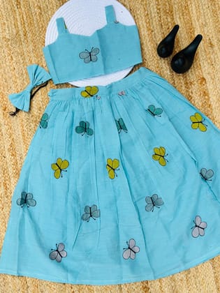 Pleasurable Pure Cotton Fabric With Embroidery Work Lahenga Choli-Sky / 0-6 Month