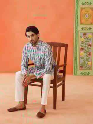 Blue Ikat Printed Kurta Set-XS/36 / Kurta Churidaar Set