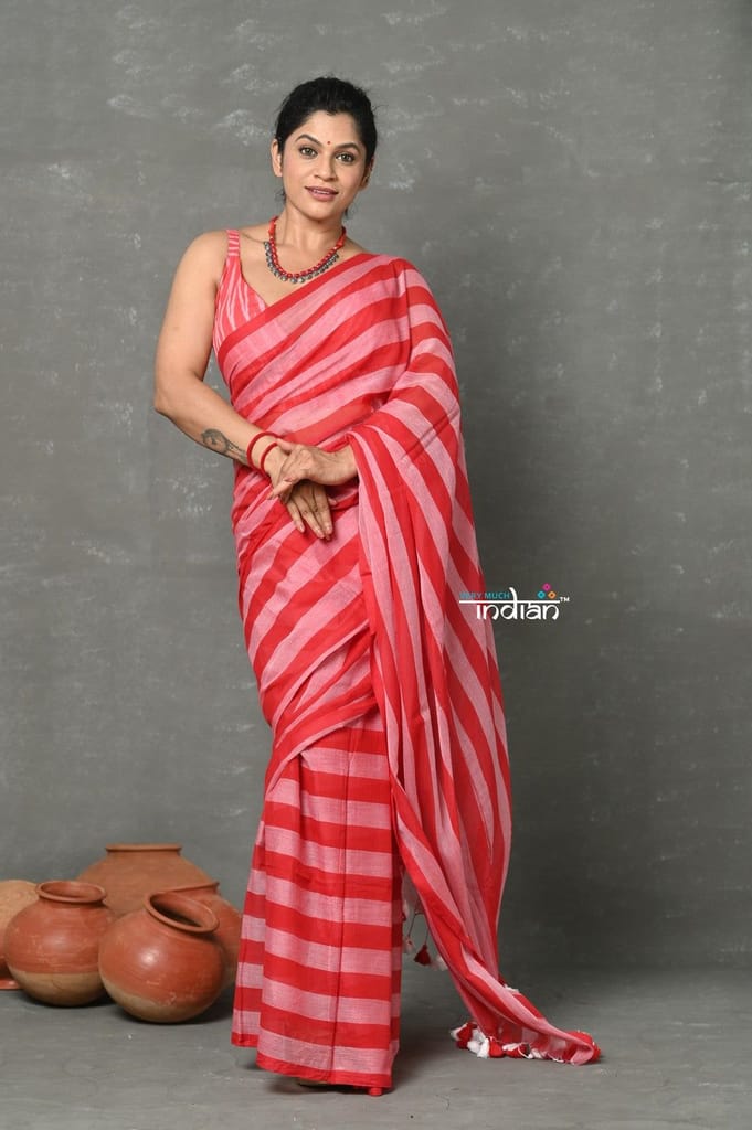 Tyohaar ~ Designer! High Quality Pure Mul Cotton Handloom Saree - Red - Sarees | Buy online on ZillyBuy