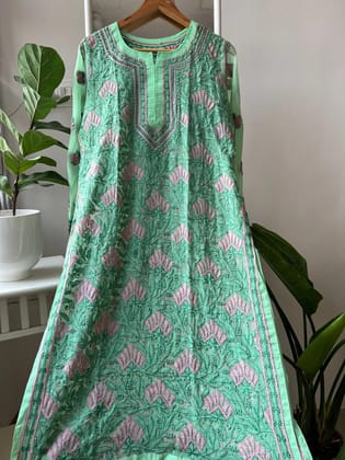 Chikankari Resham Full Jaal Kurti - Green-Green / Semi Georgette / L