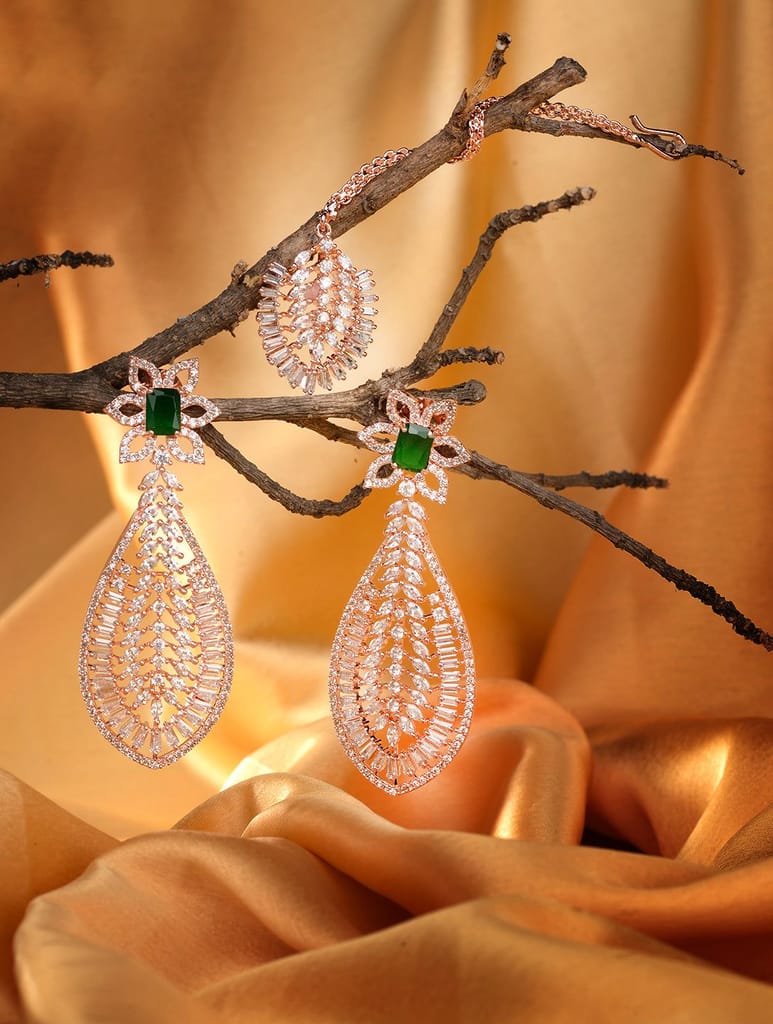 Rose Gold plated Green AD studded Leaf DesignMangtika & Earring set - Jewellery Sets | Buy online on ZillyBuy