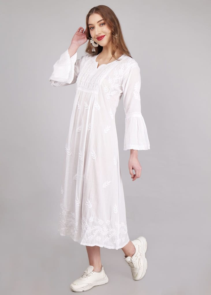 Mulmul Hand Embroidered Knee length Chikankari Dress White