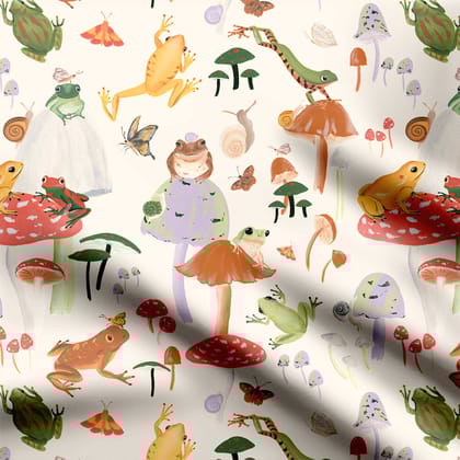 Frogs on Shrooms Off white Print Fabric-Cotton