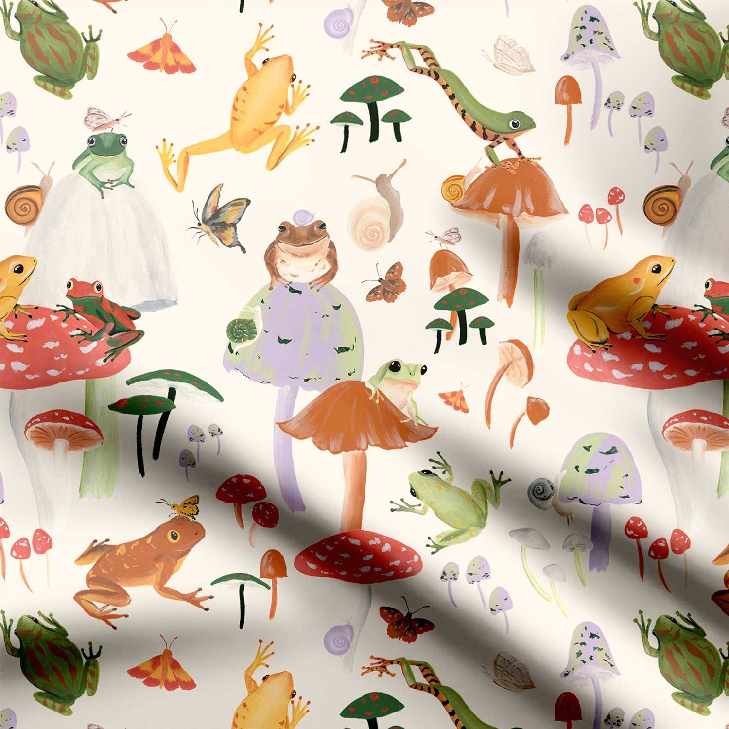 Frogs on Shrooms Off white Print Fabric-Cotton