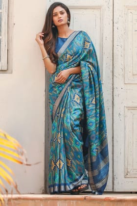 Beautiful Sky Blue Color Linen Digital Printed Sari