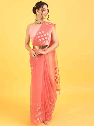 Pink Bhagalpuri Marigold Organza Saree with Plain Blouse