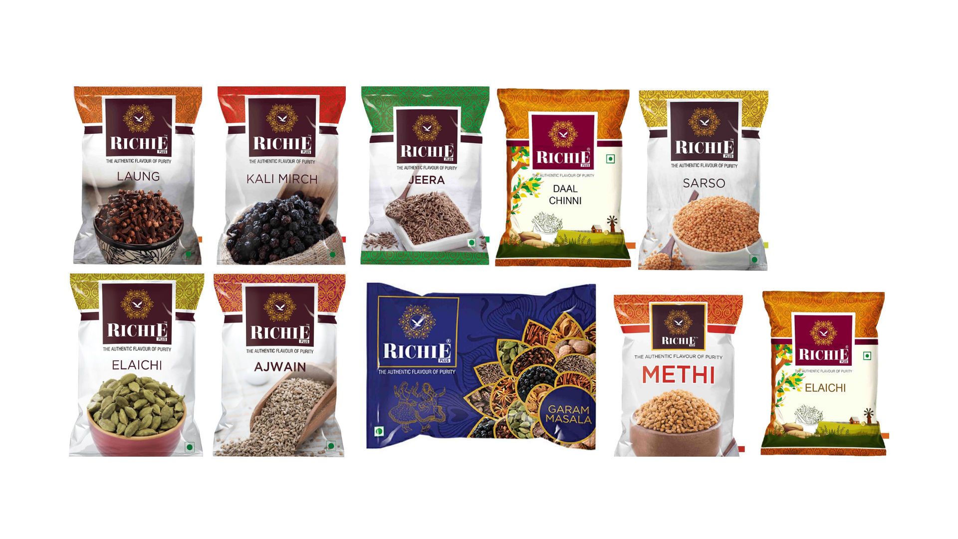 Richie Combo - Jeera 200 gm, Garam Masala 50 gm, Kali Mirch 100 gm, Badi Elaichi 50 gm, Dal Chini 50 gm, Ajwain 100 gm, Methi 200 gm, Kala Sarso 100 gm, Yellow Sarso 100 gm & Laung 50 gm - Pack of 10