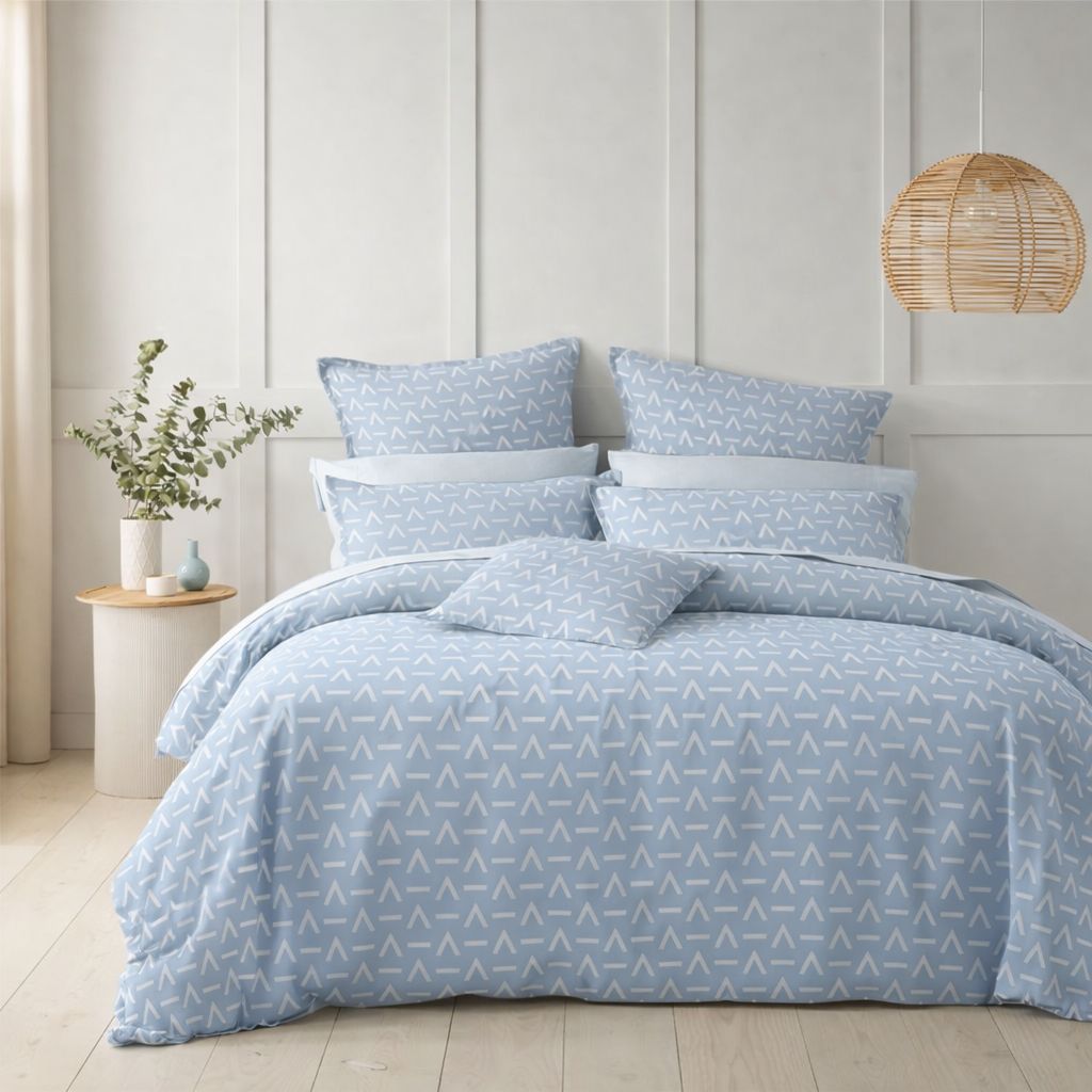 Sky Blue Geometric Queen Size Bedsheet with 2 Pillow Covers | Soft Cotton Double Bed Sheet