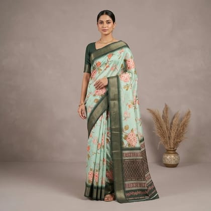 Mint Green Cotton Floral Print Woven Border Saree For Women Mint Green Cotton Floral Print Woven Border Saree For Women