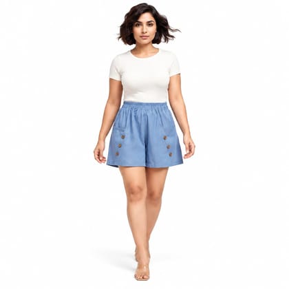 DENIM CHIC Women’s Blue Casual Shorts with Elastic Waistband and Button Detail Pockets | Relaxed Fit Summer Shorts for Everyday Wear, Beach & Lounge DENIM CHIC Women’s Blue Casual Shorts with Elastic Waistband and Button Detail Pockets | Relaxed Fit Summer Shorts for Everyday Wear, Beach & Lounge