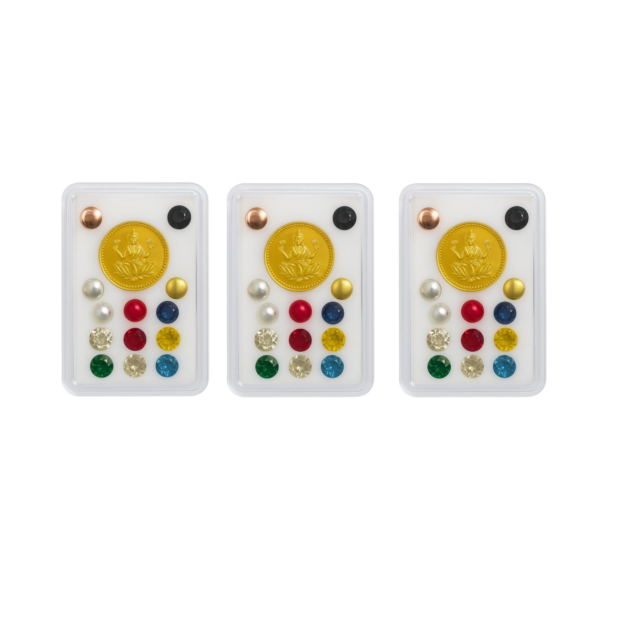 Navarathna Stones with Lakshmi Coin (Set of 3) � Traditional Panchaloha Pooja Kit for Vasthu, Door Frame & Spiritual Use � Ideal for Foundation & Vasthu Rituals