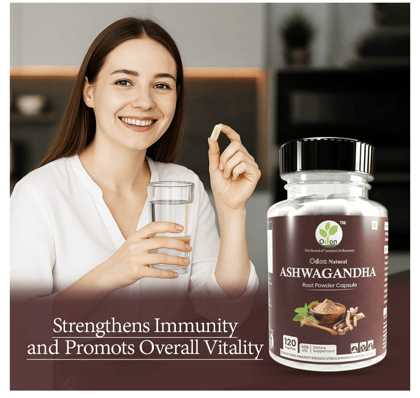 Odon Natural  ASHWAGANDHA  Root Powder Capsules - 120 Caps, Vitality & Relieves Stress, Naturally Boosts Energy & Stamina, Improves Immune System