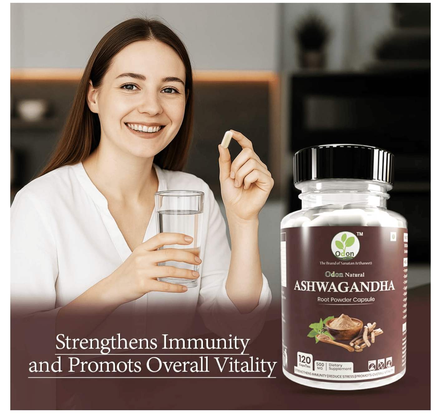 Odon Natural  ASHWAGANDHA  Root Powder Capsules - 120 Caps, Vitality & Relieves Stress, Naturally Boosts Energy & Stamina, Improves Immune System