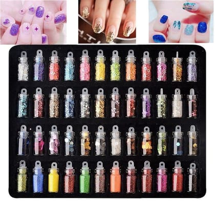 Elecsera Nail Art Sequins Glitter Sticker Powder Manicure Polish Mixed Design Case Set 48 (Multicolor)