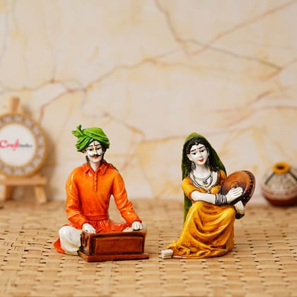 Colorful Combo of Rajasthani Craftsmen and Lady Playing a Musical Instrument Statue
