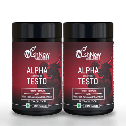WishNew Wellness ALPHA BOOSTER OF TESTO | 30 Veg Tablets | Maca, Tribulus, Ginseng | Zinc & Vitamin D2 | Men's Health Pack of 2