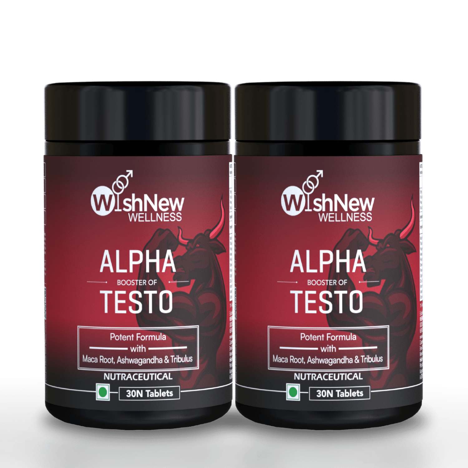 WishNew Wellness ALPHA BOOSTER OF TESTO | 30 Veg Tablets | Maca, Tribulus, Ginseng | Zinc & Vitamin D2 | Men's Health Pack of 2