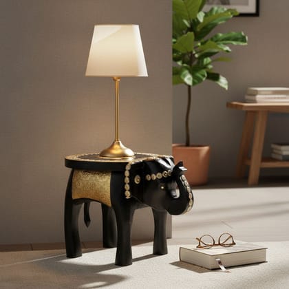 BAANMATA INTERNATIONAL Handicraft Drawing-Room Decors Showpiece Elephant-Table,Brass-Embossed Wooden Decorative Table, Luxurious Lamp-Table for Bedroom-Decoration