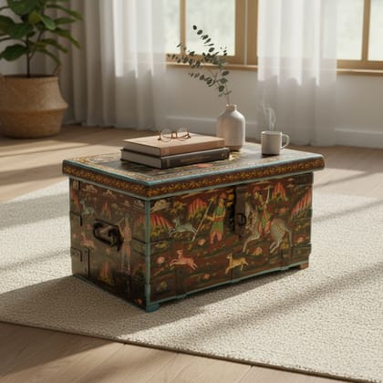 Handicraft Storage Trunk Box, Royal Painted Dowry Box, Wooden Blanket Box, Home Decors Lamp-Table