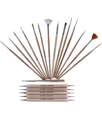 Looks United Pack Of 15 Nail Art Brushes And 5 Two Way Dotting Tools Wood Color (Pack Of 20)