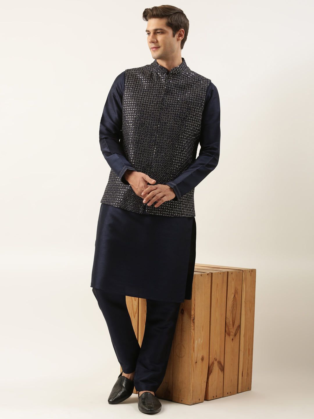 Navy Embroidered Jacket Kurta Set-XS/36 / Churidaar Set