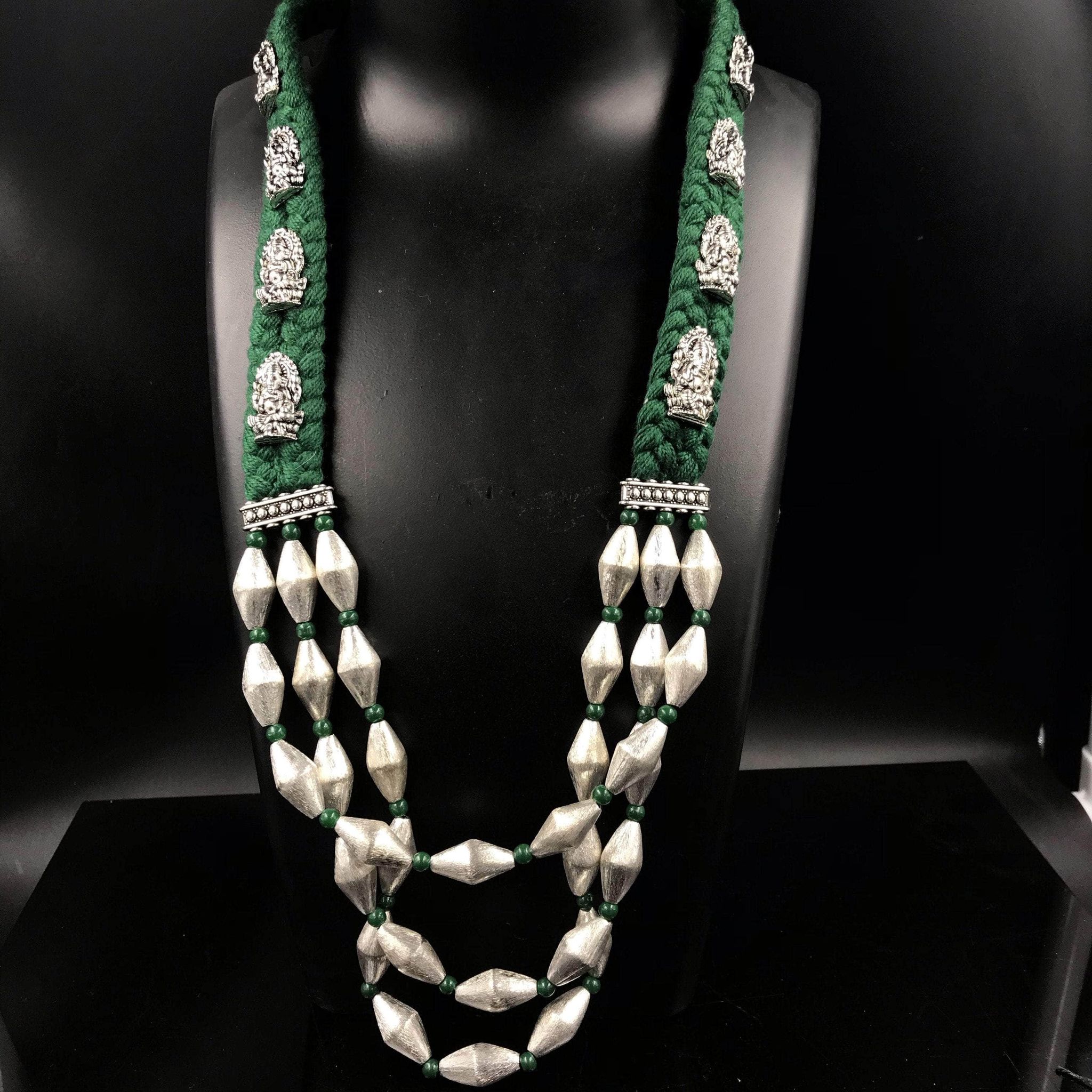 ZEVAR I Green+Silver Thread Long Kumkum Temple Necklace Set