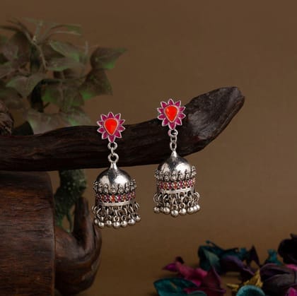 Silver Plated Floral Designed Enamel Artwork Antique Jhumki Earring- AER 1652
