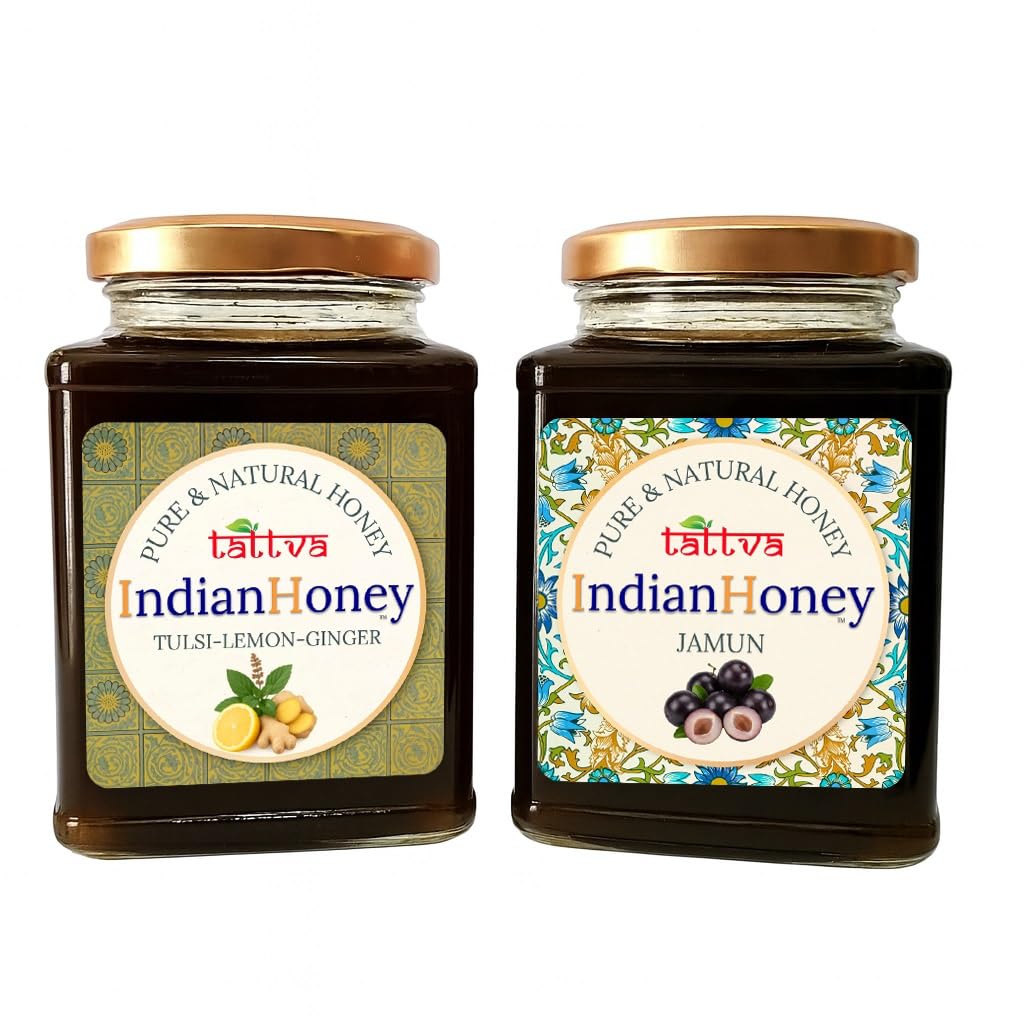 IndianHoney Jamun & Tulsi Lemon Ginger Honey Combo (Pack of 2) | Pure & Natural | 1kg (500g Each) | Unprocessed & Unfiltered Natural Sweetener