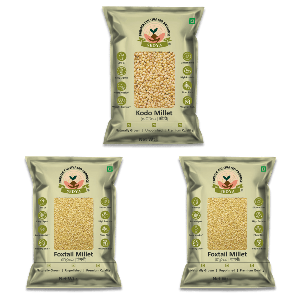 Sedya Three Millet Combo Whole Grains | Kodo Millet 500 g & Foxtail Millet 500 g, 2 Packs | Certified Low GI | Varagu, Korralu | Gluten Free | Unpolished, Toasted, No Soaking Required | High Plant Protein & Fibre | Total 1.5 Kg