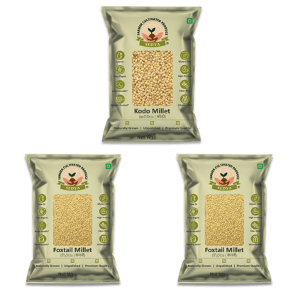 Sedya Three Millet Combo Whole Grains | Kodo Millet 500 g & Foxtail Millet 500 g, 2 Packs | Certified Low GI | Varagu, Korralu | Gluten Free | Unpolished, Toasted, No Soaking Required | High Plant Protein & Fibre | Total 1.5 Kg