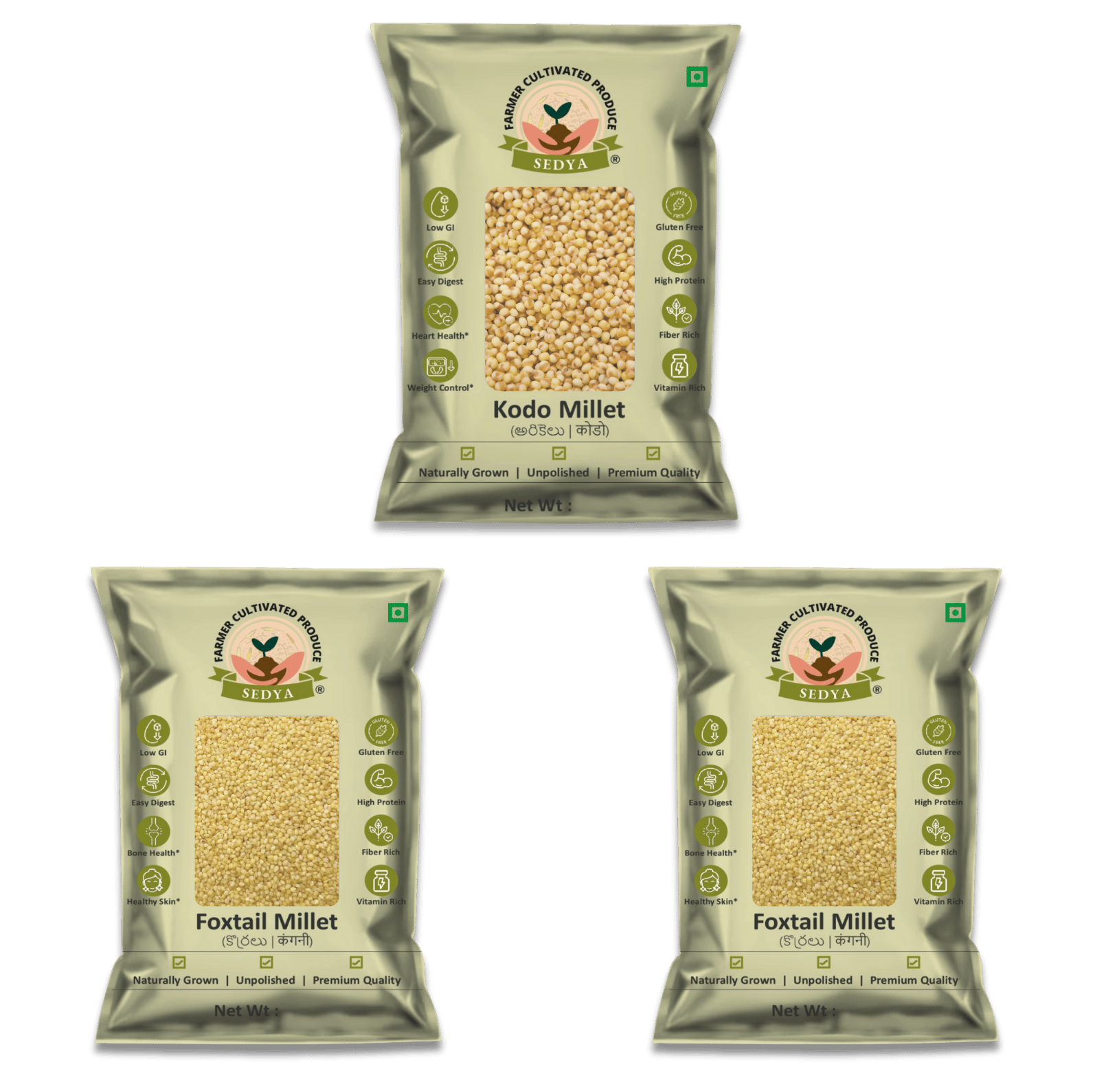 Sedya Three Millet Combo Whole Grains | Kodo Millet 500 g & Foxtail Millet 500 g, 2 Packs | Certified Low GI | Varagu, Korralu | Gluten Free | Unpolished, Toasted, No Soaking Required | High Plant Protein & Fibre | Total 1.5 Kg
