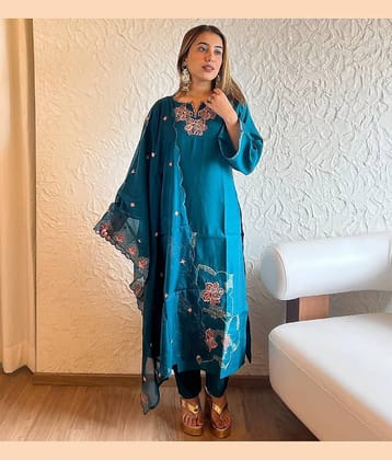 PURVAIYA CREATION Cotton Embroidered Kurti With Pants Women's Stitched Salwar Suit - Blue ( Pack of 1 )