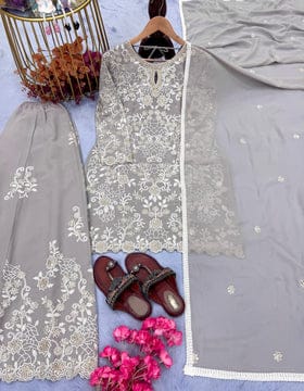 Party Wear Look Pure Heavy Faux Georgette Top Plazzo & Dupatta Set