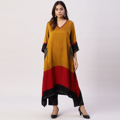 Modal silk color block kurta with brocade pockets-XS