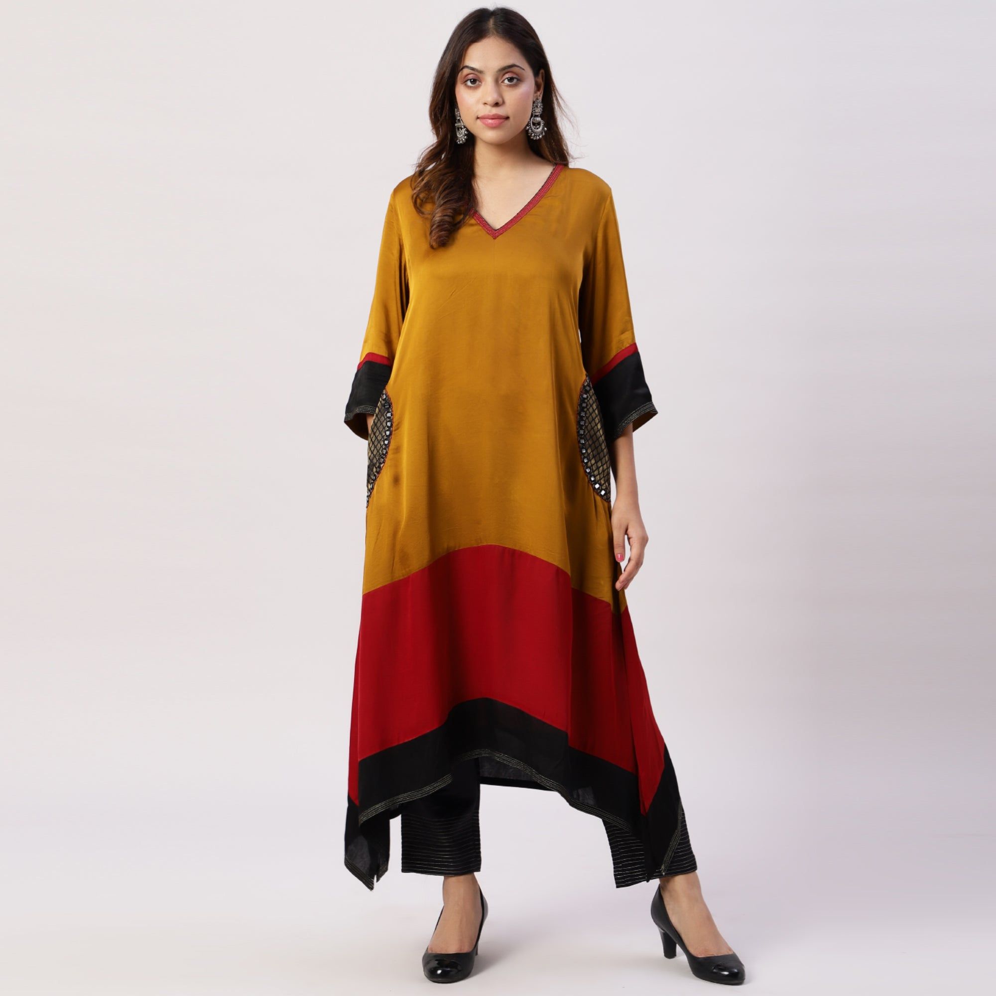 Modal silk color block kurta with brocade pockets-XS